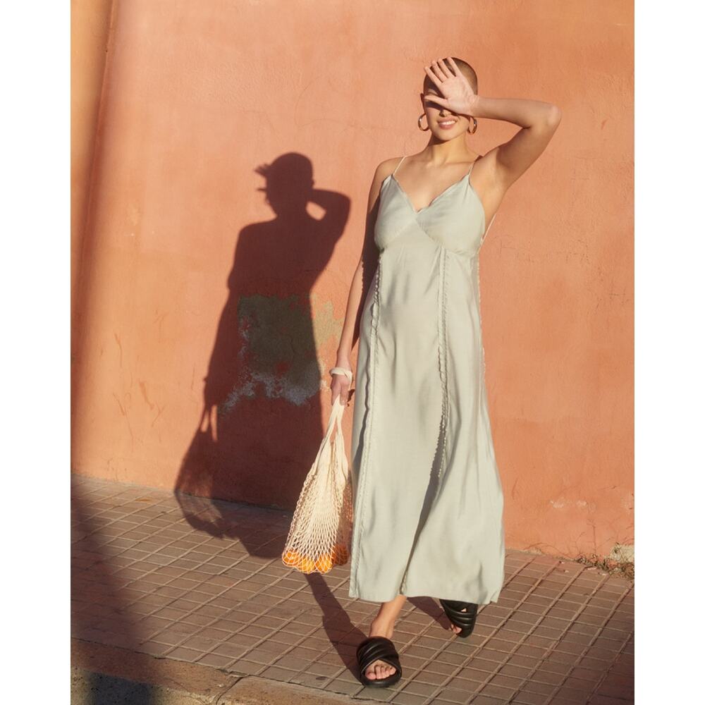 H&M HM Sage Green Lace Detail Sleeveless Slip Midi Maxi Dress, size M